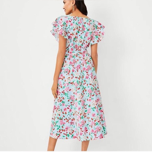 NWOT Ann Taylor Red Floral Aqua Blue V-neck Flutter Sleeve Cotton Midi Dress 12 - Picture 3 of 12